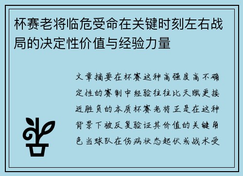 杯赛老将临危受命在关键时刻左右战局的决定性价值与经验力量